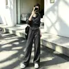 Conjunto Elegante Estilo Coreano Feminino 2026 Outono Nova Chegada Design Elegante Moletom com Capuz Plissado Calça de Perna Larga Conjunto de Duas Peças