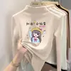 Camiseta básica de cuello alto a media altura para niña de dibujos animados, nuevo estilo primavera/otoño/invierno, top de manga larga con forro polar para niños de talla mediana y grande