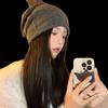 Gorro Frío de Lana Gorro Rojo de Internet para Mujer Otoño e Invierno Felpa Tejido Showface Gorro de Pila Pequeño Gorro Envolvente para Cabeza Grande