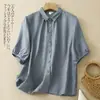 2026 Verano Artístico Retro Algodón Lino Holgada Adelgazante Camisa Casual Estilo Bosque Cuello Camisa Top para Mujer
