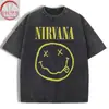 Camiseta de Manga Curta Lavada e Desgastada Estilo Retro Americano com Estampa Direta da Banda Nirvana para Homens e Mulheres no Verão, Solta, Moda de Rua