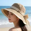 Nuevo Estilo de Verano Sombrero de Pescador con Protección Solar para Mujer, Sombrero de Sol de Ala Ancha, Sombrero de Playa con Lazo Estilo Coreano, Plegable