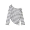 Camiseta a rayas de manga larga, hombros descubiertos, corte relajado, estilo retro americano para mujer, cubierta casual suelta de otoño, protección solar