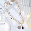 Collar Superpuesto Justop Estilo Europeo y Americano Cadena Dorada con Gemas Azules, Cadena para Clavícula de Doble Capa de Piedra Natural Espinela Azul