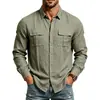 Ropa de trabajo de lino para hombre de manga larga, para primavera y otoño, con doble bolsillo, cuello camisero, cárdigan de botones, estilo masculino transpirable y casual
