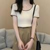 2024 Nuevo Estilo de Verano Color Contrastante Manga Corta Tejido de Punto Diseño Nicho Look Adelgazante Deseo Puro Top Corto de Punto para Mujer