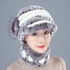 Chapéu de pele de coelho rex feminino inverno estilo coreano engrossado quente pele de raposa cachecol de malha conjunto de cachecol boné