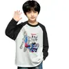 Camiseta de manga larga 100% algodón para niño, colección de primavera y otoño, diseño color block, cuello redondo, estilo nuevo para principios de otoño, mangas largas raglán