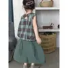 Ropa para Niños Conjunto para Niñas 2026 Estilo Nuevo Atuendo de Verano para Niños Estilo Bosque Cuadros Chaleco de Verano Pantalones Anchos Verdes