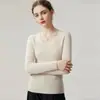 Suéter 100% Caxemira Pura Feminino Gola V Ajustado Valorizador Tricô Listrado Camada Base para Outono/Inverno Roupa de Baixo
