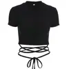 Venta caliente de verano Ins europeo y americano nuevo sexy camiseta ombliguera para mujer con tiras de encaje, top ajustado adelgazante con cordón, manga corta