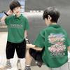 Polo Casual de Manga Corta para Niño Estampado de Moda Nacional Algodón Puro Manga Corta Verano Estilo Occidental Estilo Coreano Moda para Niños Medianos-Grandes