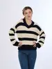 Diseño Original Otoño e Invierno Nuevo Estilo Cuello en V Rayas Holgado Engrosado de Moda Versátil Suéter Grueso para Mujer Corte Holgado