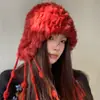 Nuevo Estilo 2025 Sombrero de Felpa con Borla de Piel de Conejo Real para Protección de Orejas para Mujer en Otoño e Invierno, Sombrero de Punto Cálido para Cara Pequeña, Sombrero Lei Feng para Esquiar
