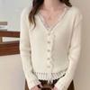 Cardigan de Punto de Cuello en V Estilo Suave para Mujer 2025 Principios de Otoño Estilo Coreano Borla Suéter Versátil