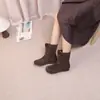 1318-12 Botas de Cano Médio de Veludo e Couro Nobuck Outono/Inverno para Mulheres, Botas de Neve Casuais Retro com Cadarço e Solado Quente