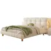 Cama de casal estofada macia com padrão xadrez de ondas de pétalas estilo creme, removível e lavável, quarto principal de garota francesa, cama de casamento nuvem silenciosa
