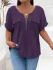 2025 Amazon Primavera/Verão Novo Top Feminino Cor Sólida Tamanho Grande Zíper Manga Curta Bolso Falso Pulôver Camiseta Caimento Solto
