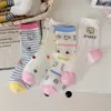 Calcetines lindos de ilustración de dibujos animados de cachorros, calcetines de media pantorrilla para mujer, calcetines de algodón a rayas con volantes estilo japonés ins para chica, otoño e invierno