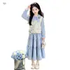 Vestido de tarta de encaje con lazo para niña, conjunto casual coreano elegante, nuevo conjunto de dos piezas para niñas 2026