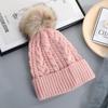 Venta Directa de Fábrica Cálido Sombrero de Punto con Pompón Color Cáñamo Otoño e Invierno Moderno Borde Enrollado para Mujer Adulta Patrón Trenzado Casual Versátil