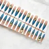 Arte de Uñas Popular de Xiaohongshu: Puntas de Uñas Degradado Azul Pavo Real con Diamantes Triturados, Uñas Postizas Largas Cónicas, 30 Piezas