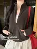 K1223 Cárdigan personalizado para mujer de otoño e invierno, grueso, ajustado, de manga larga, con bolsillos y cuello alto de cremallera