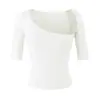 26239-Camiseta de Moda Sexy Ajustada con Mangas Medias y Cuello Asimétrico para Mujer Primavera/Verano 2026 Nuevo Estilo Europeo y Americano Top Ajustado