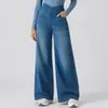 Calça jeans feminina de malha com elasticidade em quatro direções, estilo europeu e americano, cintura alta, perna larga, corte reto, solta, casual, best-seller transfronteiriço