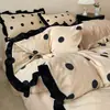 Ins Outono/Inverno Leite Fleece Renda Conjunto de Quatro Peças Capa de Edredom de Flanela Lençol de Cama Conjunto de Cama Quente de Fleece de Coral