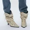 Botas Puntiagudas Tachonadas Estilo Coreano para Mujer, Nuevos Zapatos de Tacón Alto Primavera/Verano, Botas Retro Plisadas de Media Caña con Diseño Único