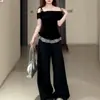 Sexy conjunto de dos piezas estilo coreano para mujer, camiseta de manga corta con tirante falso de hombros descubiertos, top de verano ajustado con retazos de encaje a cuadros de hombros descubiertos