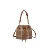 Bolso Pequeño de Lana a Cuadros Versátil para Otoño e Invierno, Bolso Cubo, Bolso Cruzado de Lana con Cordón Retro Clásico de Moda, Bolso de Mano