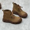 Botas Curtas de Couro Genuíno Retrô Feitas à Mão Novas para Outono e Inverno 2024, Botas de Plataforma de Amarrar com Bico Redondo Literário e Sola Grossa para Mulheres