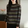 Suéter Listrado Retrô com Gola Redonda para Mulheres, Manga Longa, Outono/Inverno, Versátil, Toque de Luxo, Camada Base de Tricô, Top Casual Soltinho