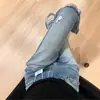 Jeans para mujer de talla grande, lavados vintage, con borde deshilachado, micro-texturizados, de verano, de cintura alta, corte ajustado, pantalones de campana adelgazantes, pantalones largos
