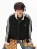 Chamarra Hanlu de rayas verticales texturizada con cuello alto para hombre, cárdigan sudadera de textura pesada para otoño, abrigo deportivo casual holgado