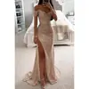 Vestido com fenda para festas, decote ombro a ombro, nova moda casual feminina INS transfronteiriça 2026 vestido de lantejoulas