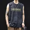 Colete Esportivo Masculino Lavado Retro Americano Blusa de Moletom Solta Sem Mangas Fitness Basquete Verão Camiseta Sem Mangas Tendência