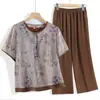 Elegante conjunto de dos piezas de verano con estampado de manga corta para mujeres de mediana edad y mayores, atuendo holgado y elegante de talla grande, ropa de verano para madres