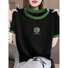 Camiseta Feminina Algodão Puro Manga Curta Gola Redonda Ombros Caídos Cor Contrastante 2026 Nova Moda Chique Emagrecedor Camada Base Verão