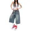Jeans Rasgado Cropped Street Style Americano Retro Lavado com Padrão de Raio Unissex Tendência Verão 2026 Solto Emagrecedor