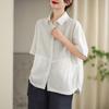 Camisa de Algodão Lavado com Bolso Duplo Manga Curta Feminina Solta Estilo Western Verão Casual Versátil Rejuvenescedor Top de Botão Único Atacado