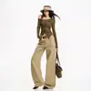 Jeans rectos holgados para mujer, estilo retro americano, algodón puro, bordados, color café marrón, pantalones caqui extralargos