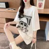 Explosões de Verão Costura de Renda Algodão Puro Manga Curta Camiseta Feminina Estilo Preguiçoso Estampada Solta Comprimento Médio Top Tendência