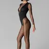 Verano Transfronterizo Nuevo Estilo Europeo y Americano Malla Empalmada Sexy Chica Caliente Color Sólido Ropa de Yoga Manga Larga Ajustado Mono Venta al Por Mayor