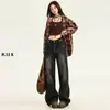 Jeans Preto Retro de Perna Larga para Mulheres 2025 Outono Novo Design de Ondas d'Água e Arranhões Calças Slim Retas Comprimento Total