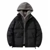 Chaqueta de Algodón Falsa de Dos Piezas Talla Grande para Hombre, Parka con Capucha de Color Sólido Gruesa de Forro Polar Holgada de Moda, Abrigo Sencillo de Algodón