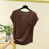 Camiseta feminina de verão, folgada, com decote em V e bolso, manga curta, fina, para uso único, slim fit, cor sólida, base interna