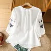 Blusa estilo étnico, camisa bordada de algodón y lino para mujer, bordado pesado de verano, cuello en V fino, mangas abullonadas, transpirable, manga tres cuartos